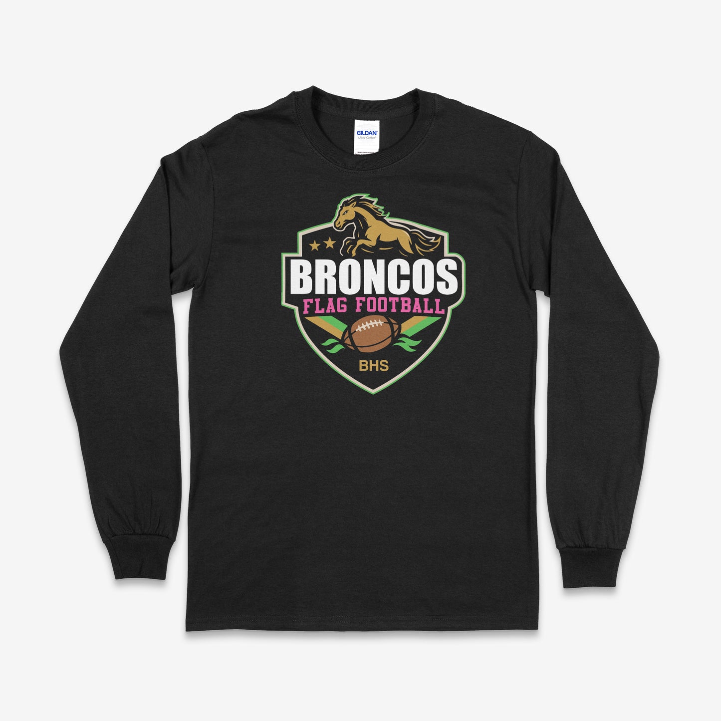 Banning Broncos Flag Football Long Sleeve Tee Pink Accent